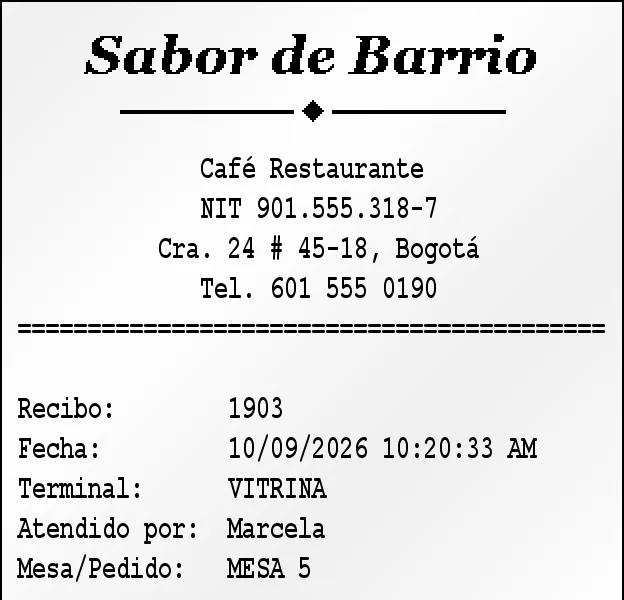 Tiquete impreso por el POS con número de recibo, fecha, quién atendió y la mesa
