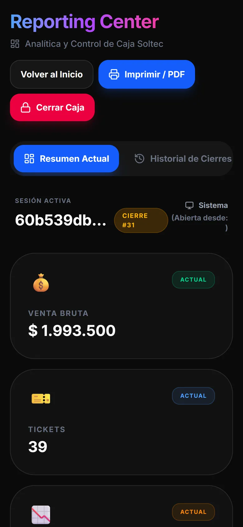 Resumen de las ventas de hoy en el celular: venta bruta y número de tiquetes
