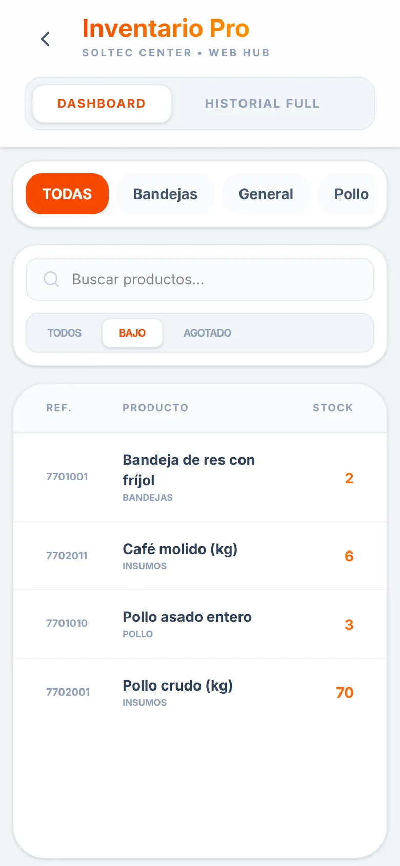 Inventario en el celular filtrado por productos bajo el mínimo