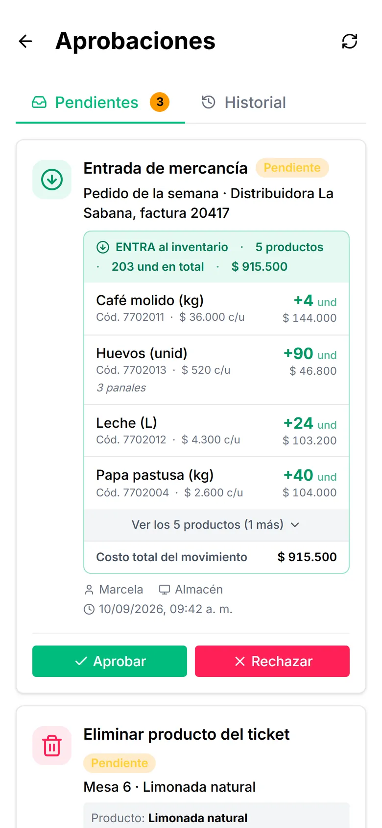 Aprobaciones pendientes en el celular: una entrada de mercancía con sus productos y costos, lista para aprobar o rechazar