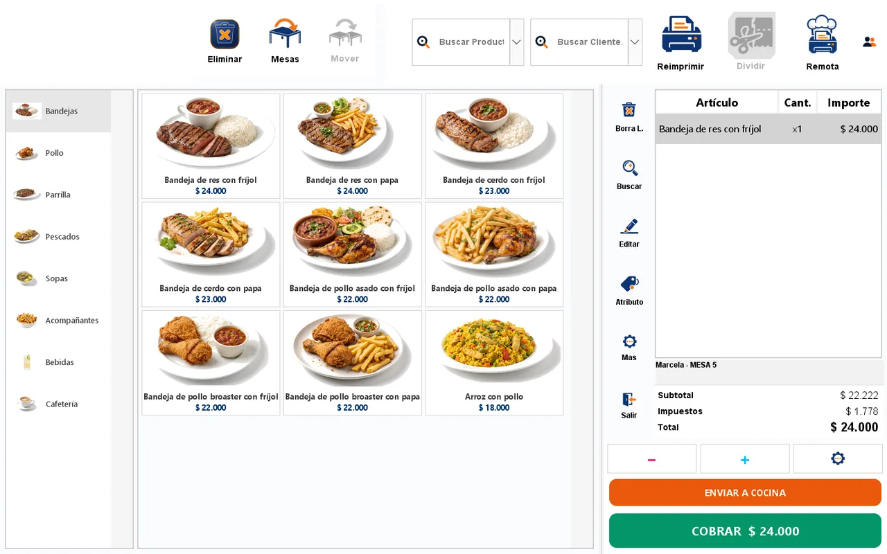 Pantalla de ventas de SOLTEC POS con el catálogo de bandejas con foto y el primer producto en la cuenta
