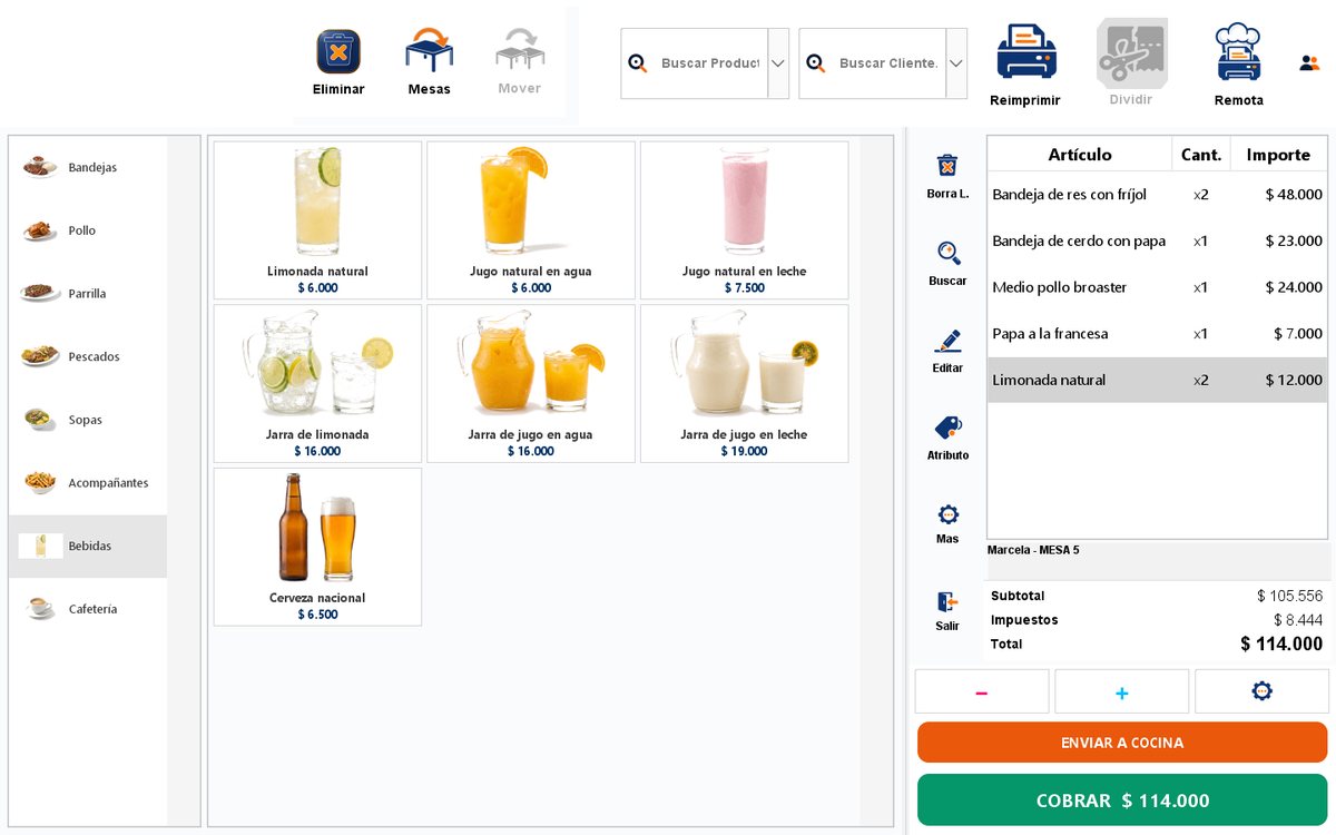 Pantalla de ventas de SOLTEC POS: un pedido de mesa con cinco productos, su total y el catálogo de bebidas con foto